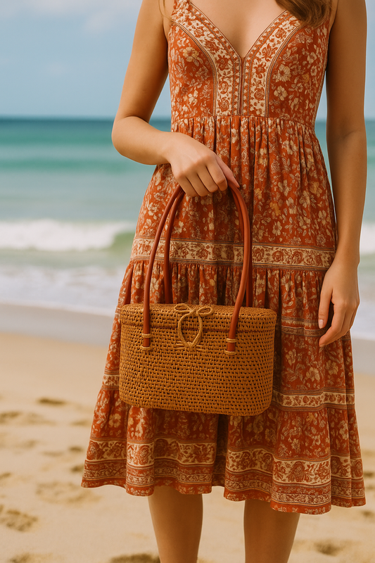 Handwoven Rattan Bali Bag – Boho Beach Handbag with Leather Handles